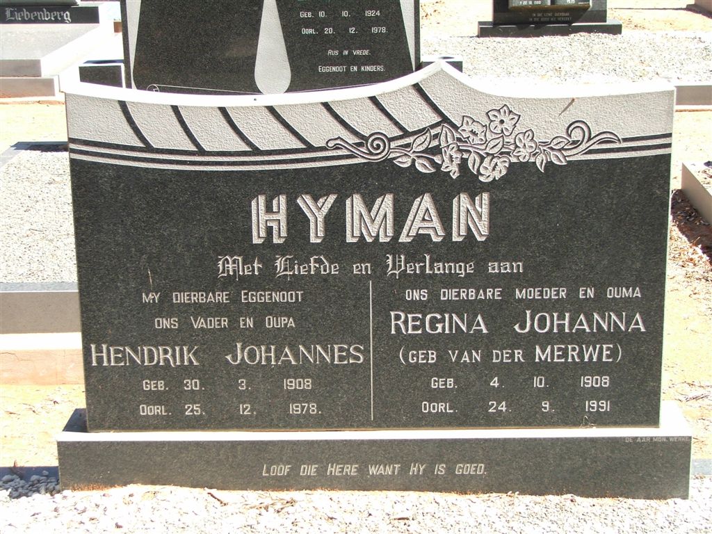 HYMAN Hendrik Johannes 1908-1978 &amp; Regina Johanna VAN DER MERWE 1908-1991
