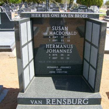 RENSBURG Susan, van nee MACDONALD 1947-1997 :: VAN RENSBURG Hermanus Johannes 1975-1997