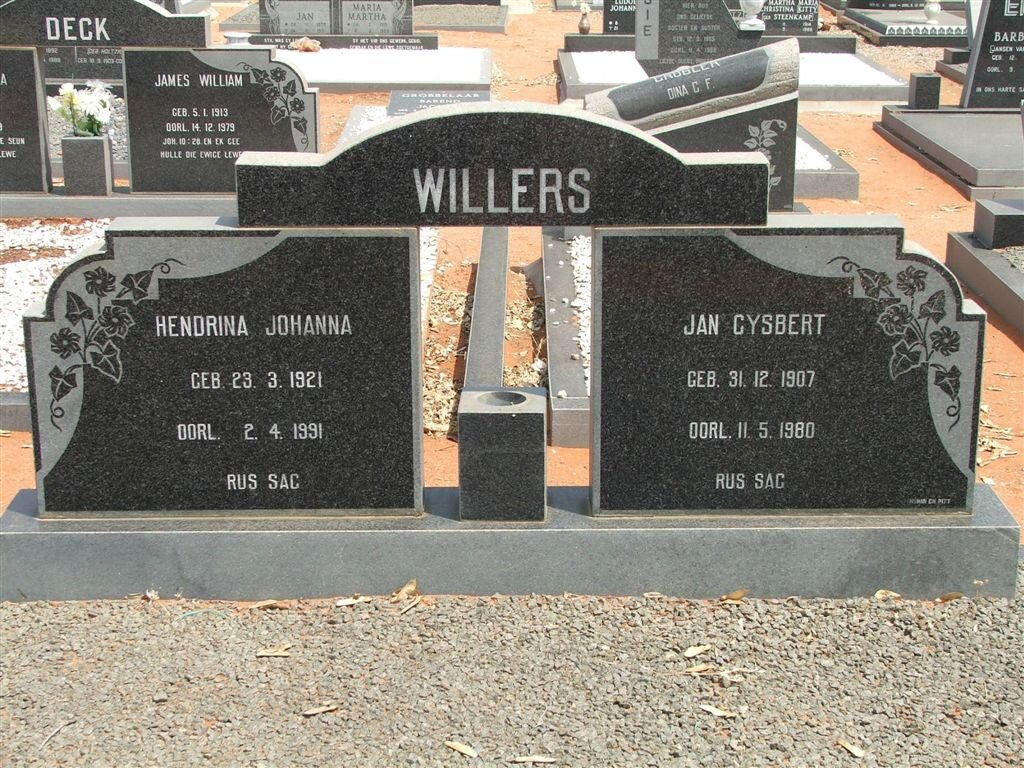 WILLERS Jan Gysbert 1907-1980 &amp; Hendrina Johanna 1921-1991