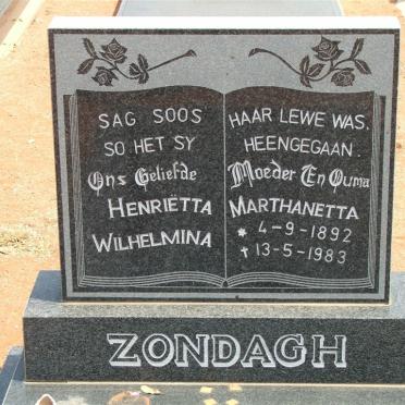 ZONDAGH Henriëtta Marthanetta Wilhelmina 1892-1983