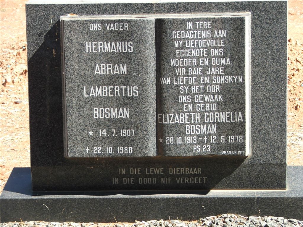 BOSMAN Hermanus Abram Lambertus 1907-1980 &amp; Elizabeth Cornelia 1913-1978