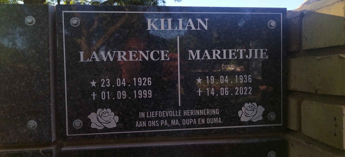 KILIAN Lawrence 1926-1999 & Marietjie 1936-2022