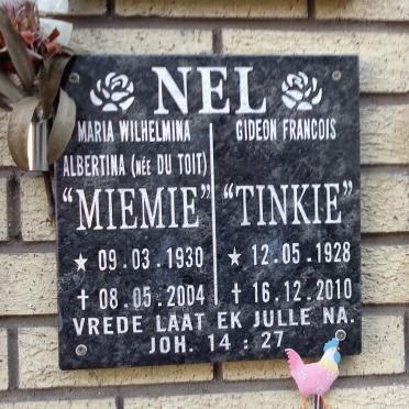 NEL Gideon Francois 1928-2010 &amp; Maria Wilhelmina Albertina DU TOIT 1930-2004