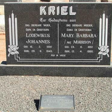 KRIEL Lodewikus Johannes 1888-1949 &amp; Mary Barbara MORRISSON 1892-1980 :: KRIEL L.J. 1919-1985