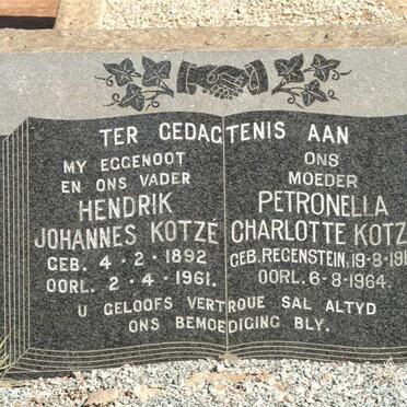 KOTZÉ Hendrik Johannes 1892-1961 &amp; Petronella Charlotte REGENSTEIN 1913-1964