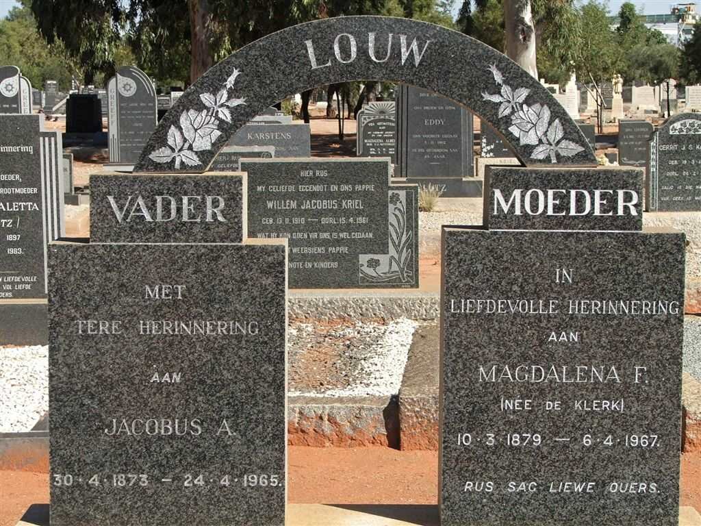 LOUW Jacobus A. 1873-1965 &amp; Magdalena F. DE KLERK 1879-1967