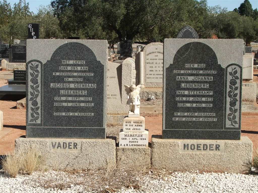 LIEBENBERG Jacobus Coenraad 1869-1950 &amp; Anna Johanna STEENKAMP 1872-1951 :: LIEBENBERG Maratjie 1934-