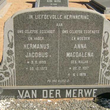 MERWE Hermanus Jacobus, van der 1899-1973 &amp; Anna Magdalena MALAN 1897-1975