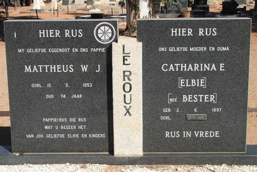 ROUX Mattheus W.J., le -1953 &amp; Catharina E. BESTER 1897-1994