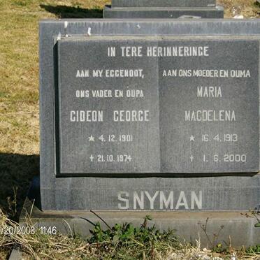 SNYMAN Gideon George 1901-1974 &amp; Maria Magdelena 1913-2000