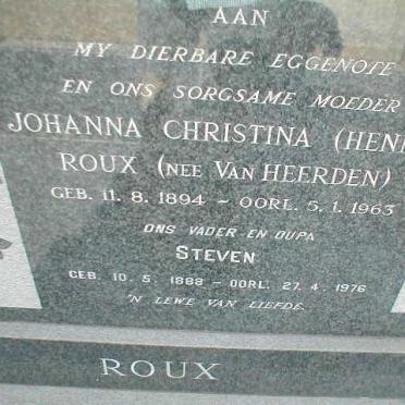 ROUX Steven 1888-1976 &amp; Johanna Christina VAN HEERDEN 1894-1963