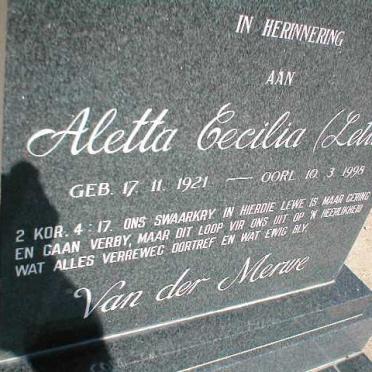 MERWE Aletta Cecilia, van der 1921-1998