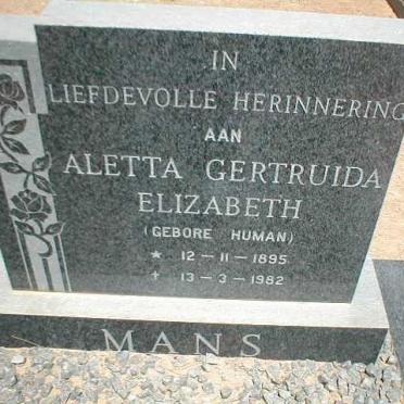MANS Aletta Gertruida Elizabeth geb. HUMAN 1895-1982