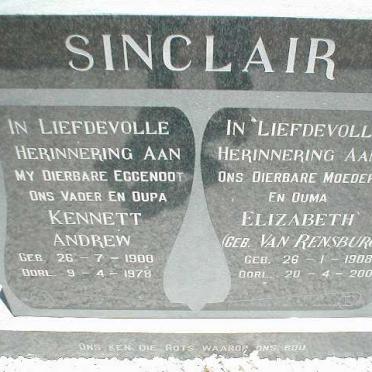 SINCLAIR Kennett Andrew 1900-1978 &amp; Elizabeth  VAN RENSBURG 1908-2000