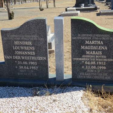 WESTHUIZEN Hendrik Louwrens Johannes, van der 1903-1957 &amp; Martha Magdalena MARAIS voorheen V.D.WESTHUIZEN nee BOTES 1912-199