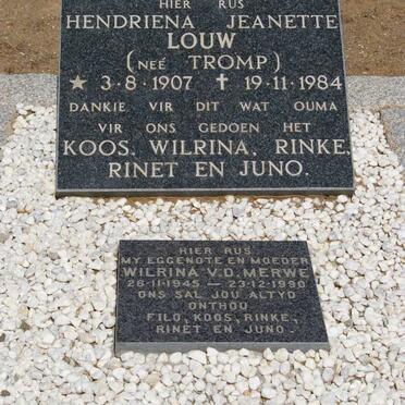LOUW Hendriena Jeanette nee TROMP 1907-1984 :: V.D. MERWE Wilrina 1945-1990