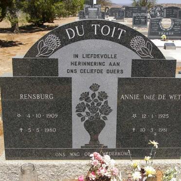 TOIT Rensburg, du 1909-1980 &amp; Annie DE WET 1925-1981