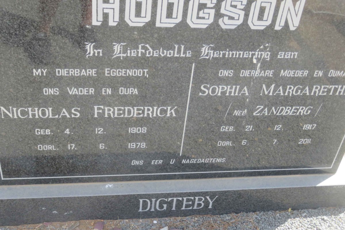 HODGSON Nicholas Frederick 1908-1978 &amp; Sophia Margaretha ZANDBERG 1917-2011