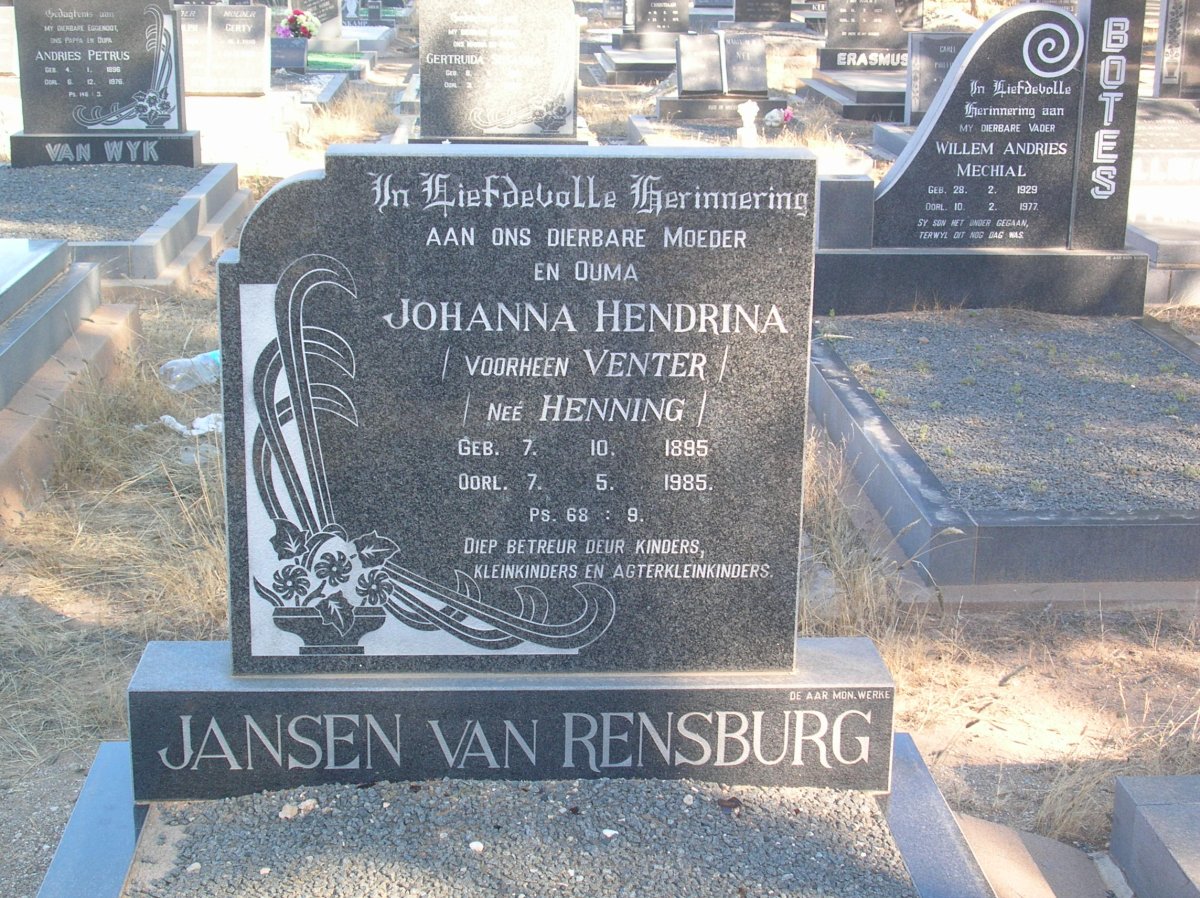 RENSBURG Johanna Hendrina, Jansen van voorheen VENTER nee HENNING 1895-1985