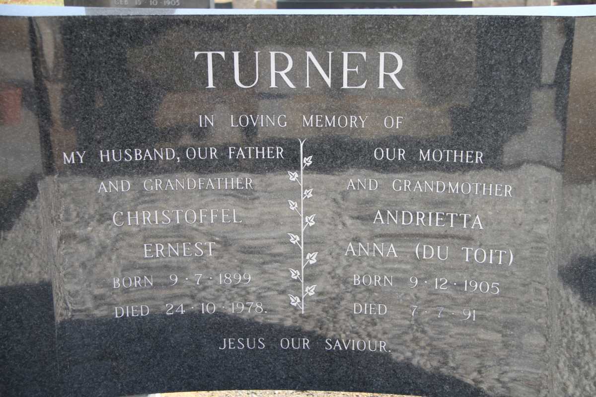 TURNER Christoffel Ernest 1899-1978 &amp; Andrietta Anna DU TOIT 1905-1991