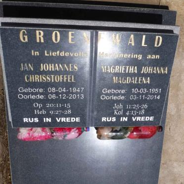 GROENEWALD Jan Johannes Chrisstoffel 1947-2013 &amp; Magrietha Johanna Magdalena 1951-2014