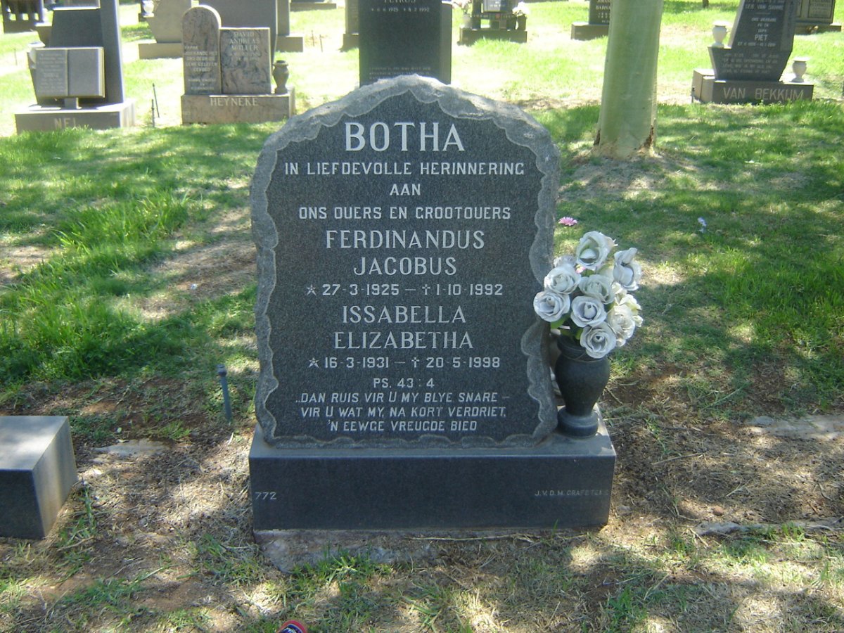 BOTHA Ferdinandus Jacobus 1925-1992 &amp; Issabella Elizabetha 1931-1998