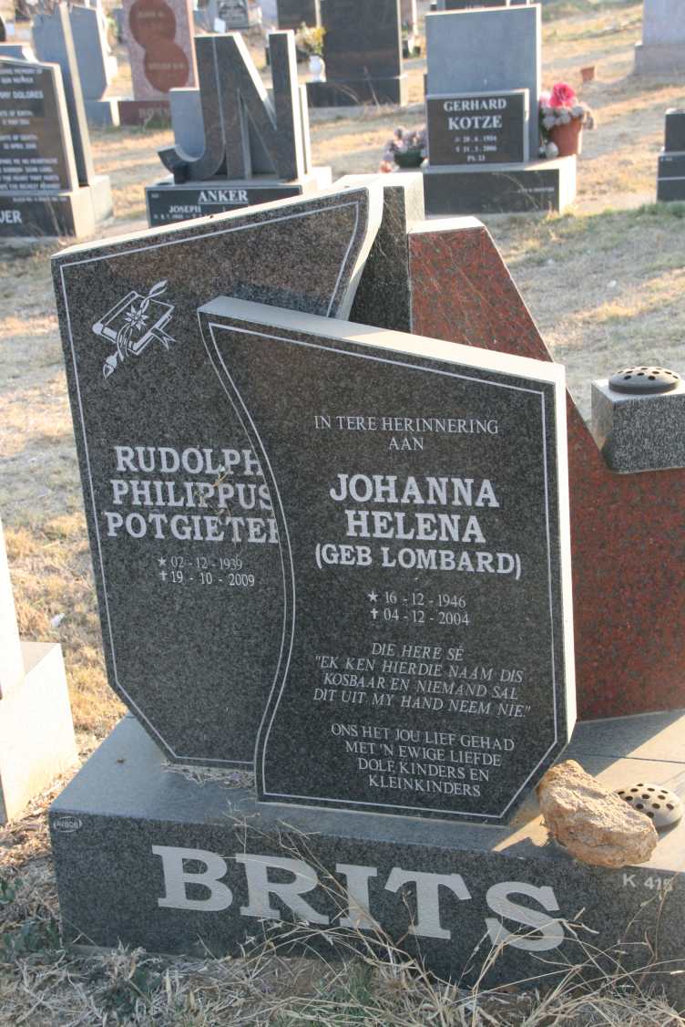 BRITS Rudolph Philippus Potgieter 1939-2009 & Johanna Helena LOMBARD 1946-2004