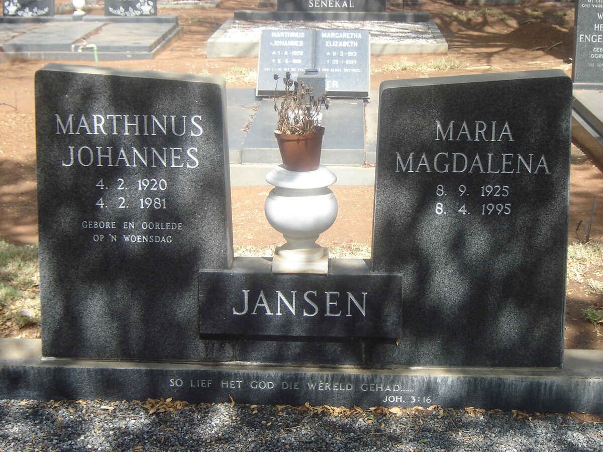 JANSEN Marthinus Johannes 1920-1981 & Maria Magdalena 1925-1995