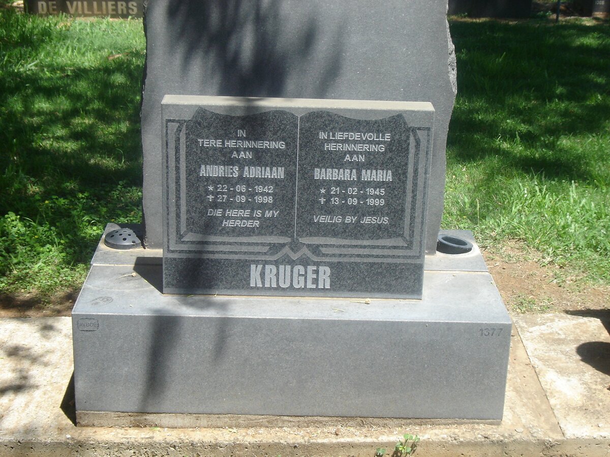 KRUGER Andries Adriaan 1942-1998 &amp; Barbara Maria 1945-1999