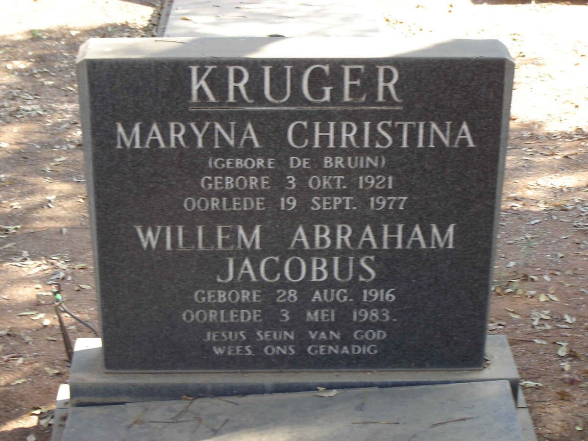 KRUGER Willem Abraham Jacobus 1916-1983 & Maryna Christina DE BRUIN 1921-1977