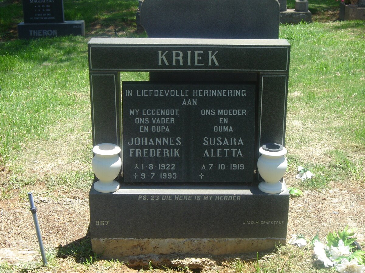 KRIEK Johannes Frederik 1922-1993 &amp; Susara Aletta 1919
