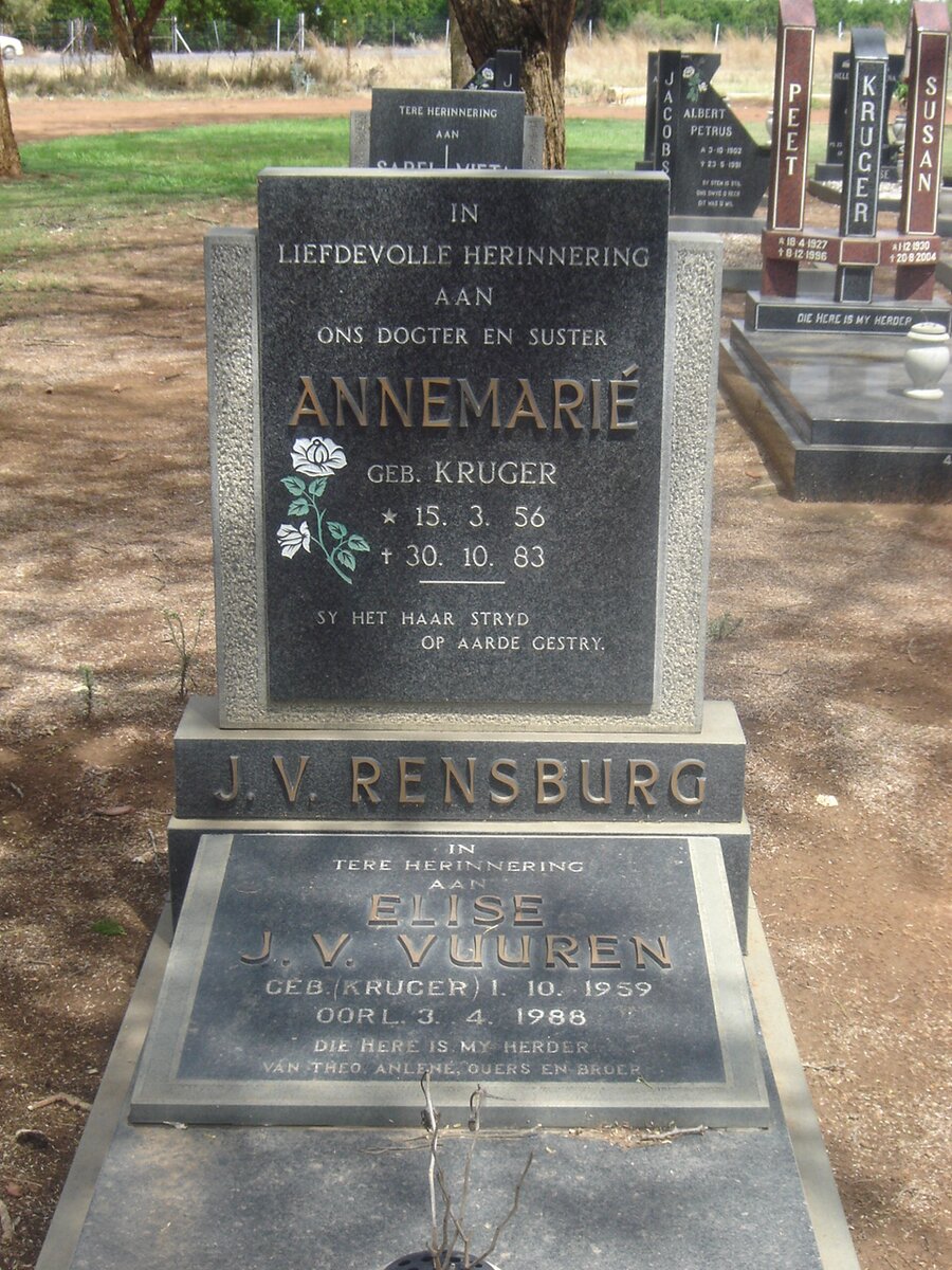 RENSBURG Annemarie, J.V. nee KRUGER 1956-1983 :: J.V. VUUREN Elise nee KRUGER 1959-1988