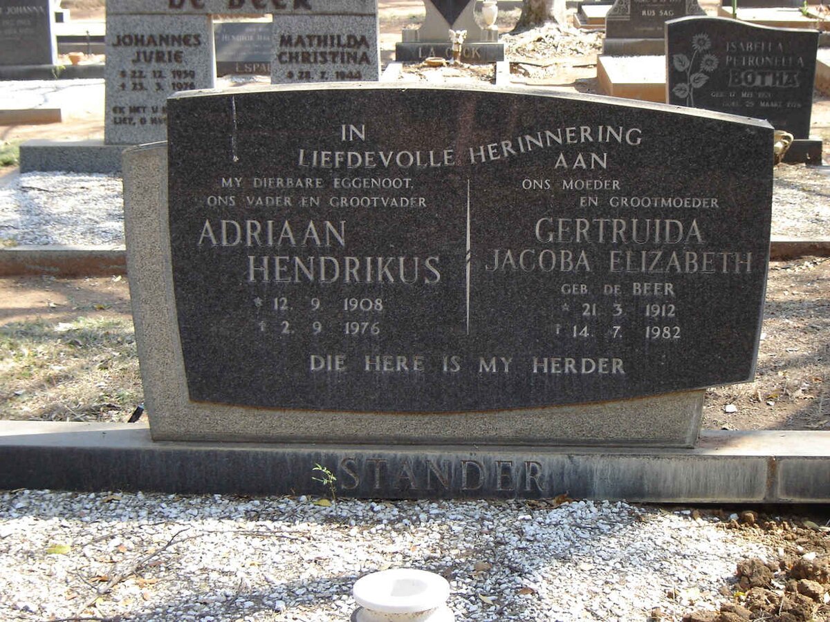 STANDER Adriaan Hendrikus 1908-1976 & Gertruida Jacoba Elizabeth DE BEER 1912-1982