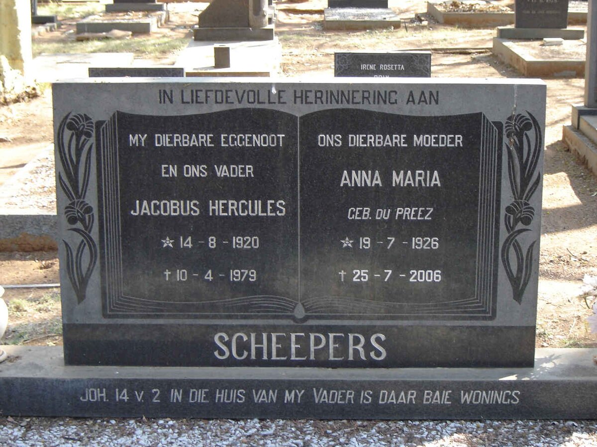 SCHEEPERS Jacobus Hercules 1920-1979 & Anna Maria DU PREEZ 1926-2006