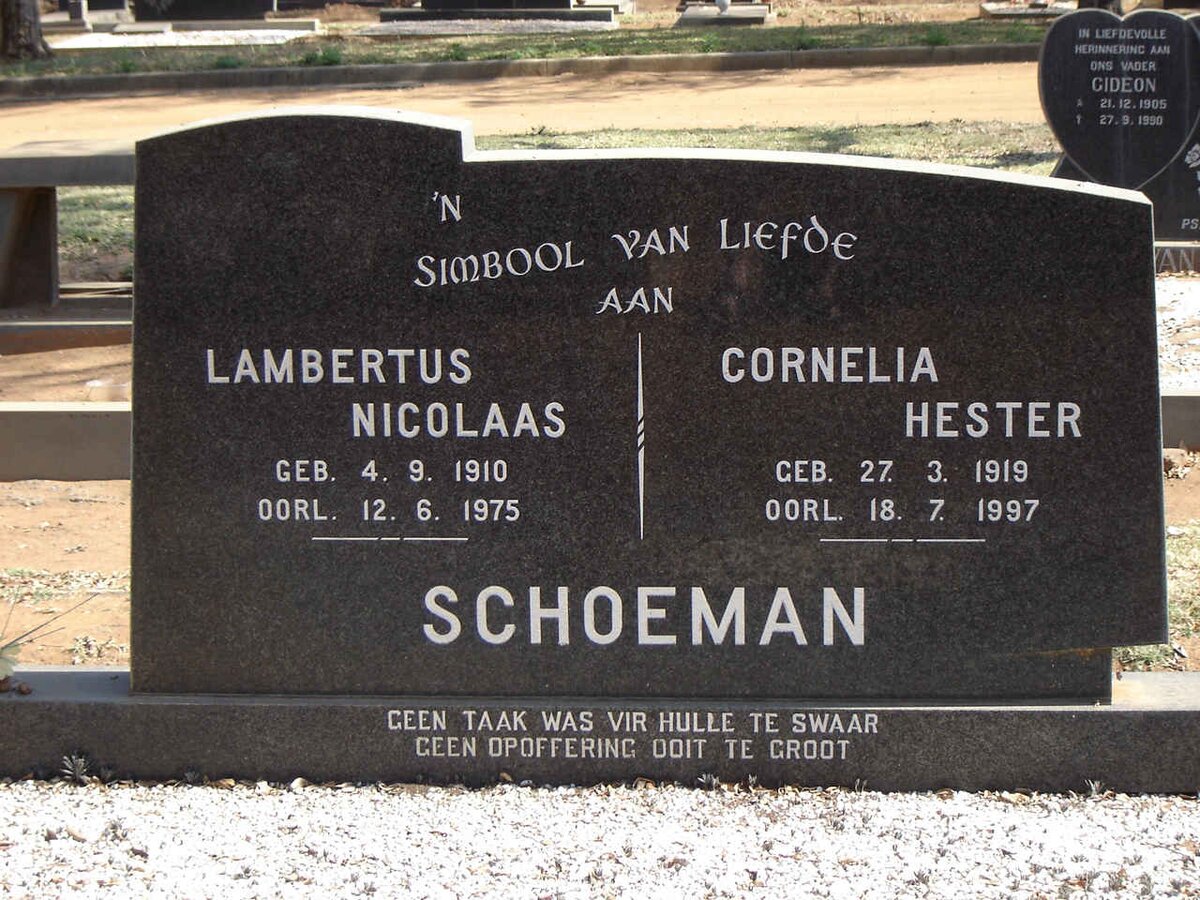 SCHOEMAN Lambertus Nicolaas 1910-1975 & Cornelia Hester 1919-1997