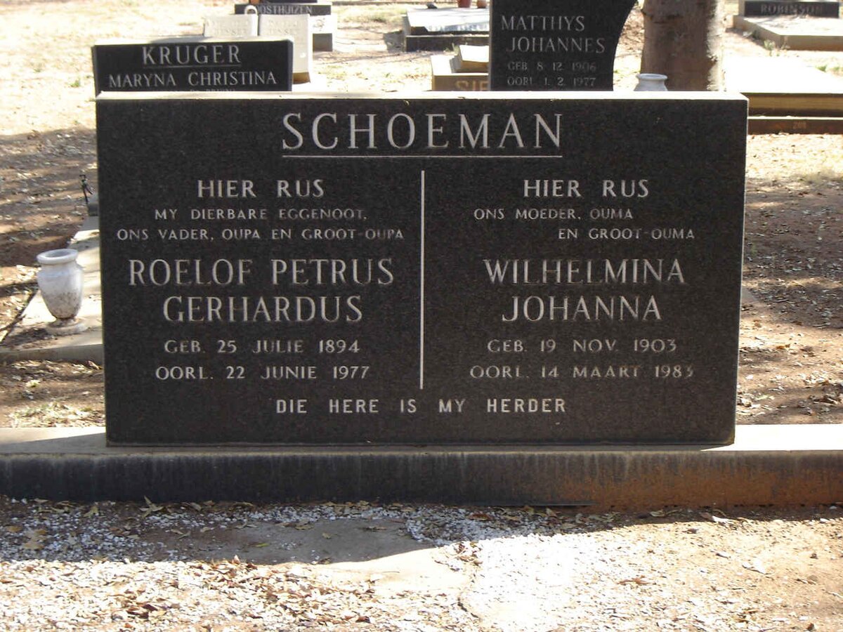 SCHOEMAN Roelof Petrus Gerhardus 1894-1977 & Wilhelmina Johanna 1903-1983