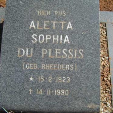 PLESSIS Aletta Sophia, du  nee RHEEDERS 1923-1990