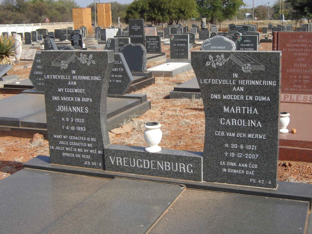 VREUGDENBURG Johannes 1920-1993 &amp; Martha Carolina VAN DER MERWE 1921-2007