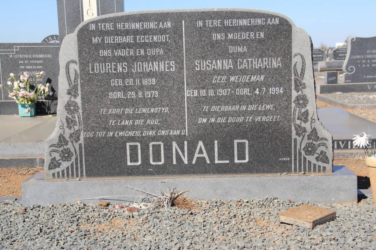DONALD Lourens Johannes 1898-1973 &amp; Susanna Catharina WEIDEMAN 1907-1994