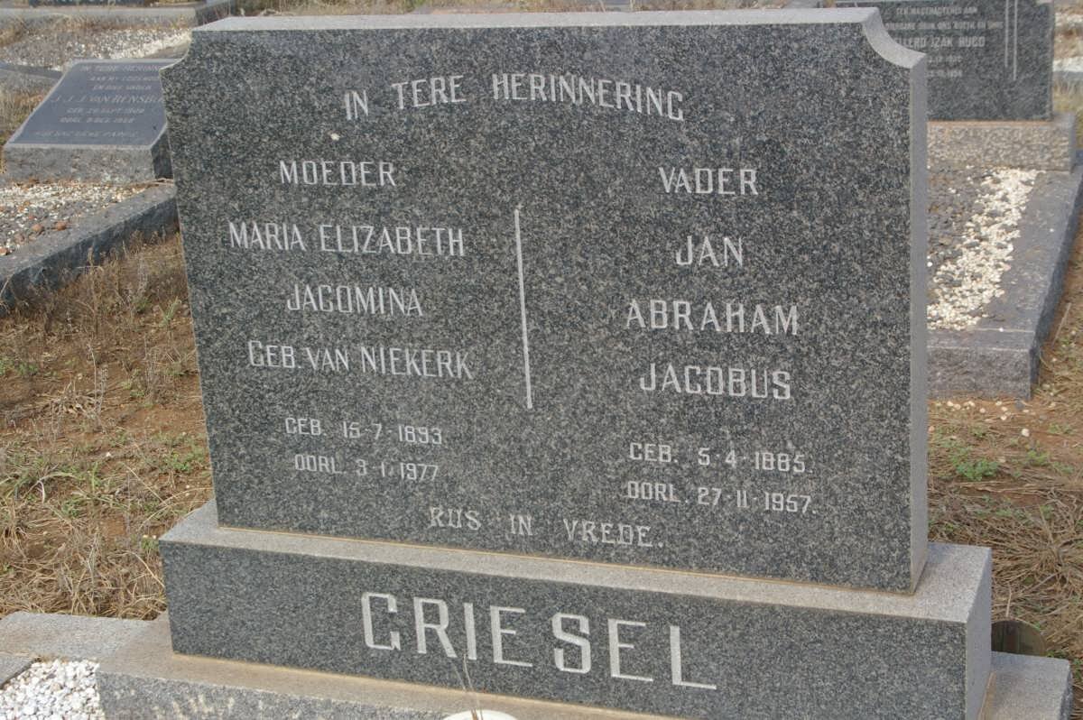 GRIESEL Jan Abraham Jacobus 1885-1957 &amp; Maria Elizabeth Jacomina van NIEKERK 1893-1977 