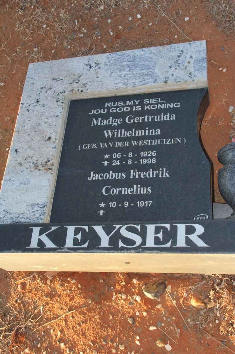 KEYSER Jacobus Fredrik Cornelius 1917- &amp; Madge Gertruida Wilhelmina VAN DER WESTHUIZEN 1926-1996