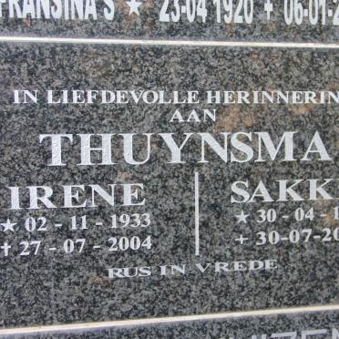 THUYNSMA Sakkie 1930-2013 &amp; Irene 1933-2004
