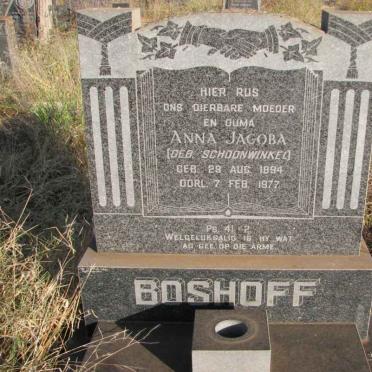 BOSHOFF Anna Jacoba nee SCHOONWINKEL 1894-1977