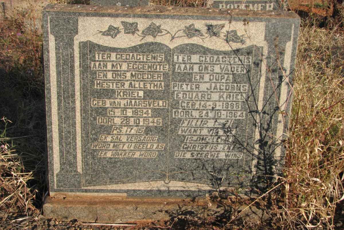 KRIEL Pieter Jacobus Eduard 1888-1964 &amp; Hester Alletha VAN JAARSVELD 1894-1946