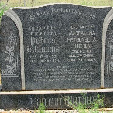 MERWE Petrus Johannes, van der 1891-1954 &amp; Magdalena Petronella Theron RETIEF 1890-1957