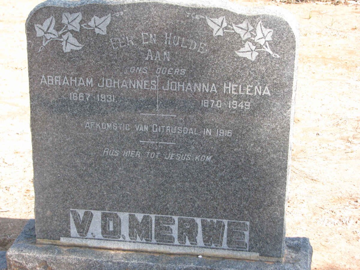 MERWE Abraham Johannes, v.d. 1867-1931 &amp; Johanna Helena 1870-1949