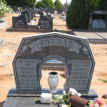 SNYMAN Barend Daniel Cornelis 1931-2006 &amp; Gesina Cornelia Elizabeth 1933-1999