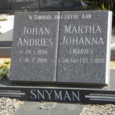 SNYMAN Johan Andries 1934-1994 &amp; Martha Johanna DU TOIT 1932-