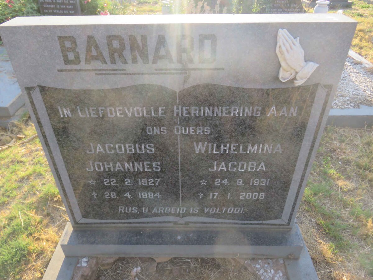 BARNARD Jacobus Johannes 1927-1984 &amp; Wilhelmina Jacoba 1931-2008