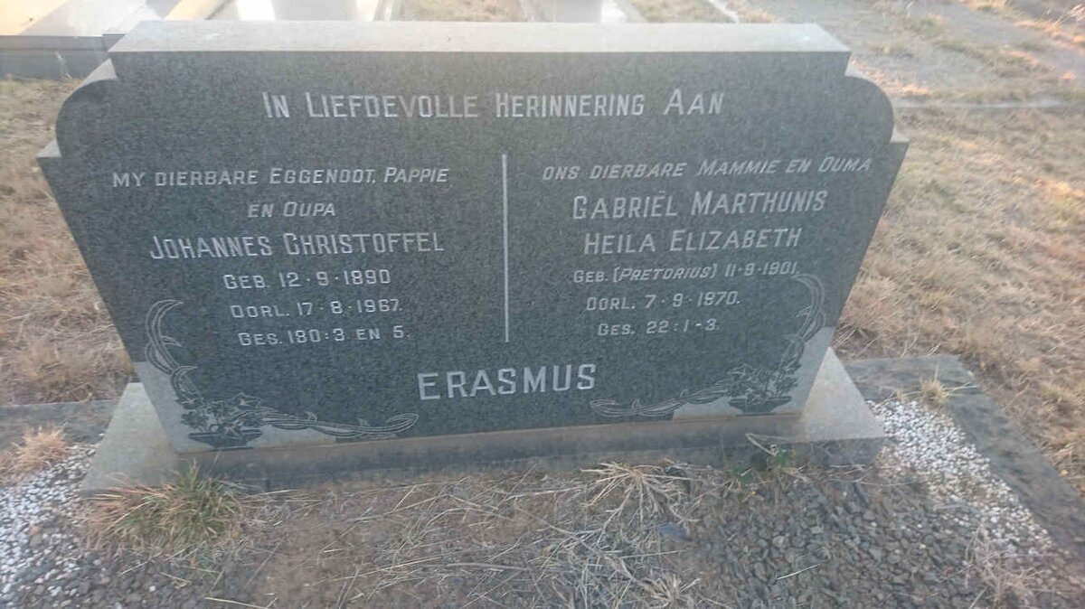 ERASMUS Johannes Christoffel 1890-1967 &amp; Gabriël Marthunis Heila Elizabeth PRETORIUS 1901-1970